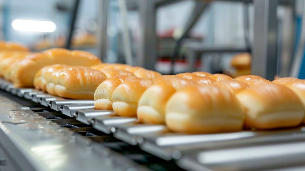 Piezas de bollería avanzando por la cinta de una línea industrial