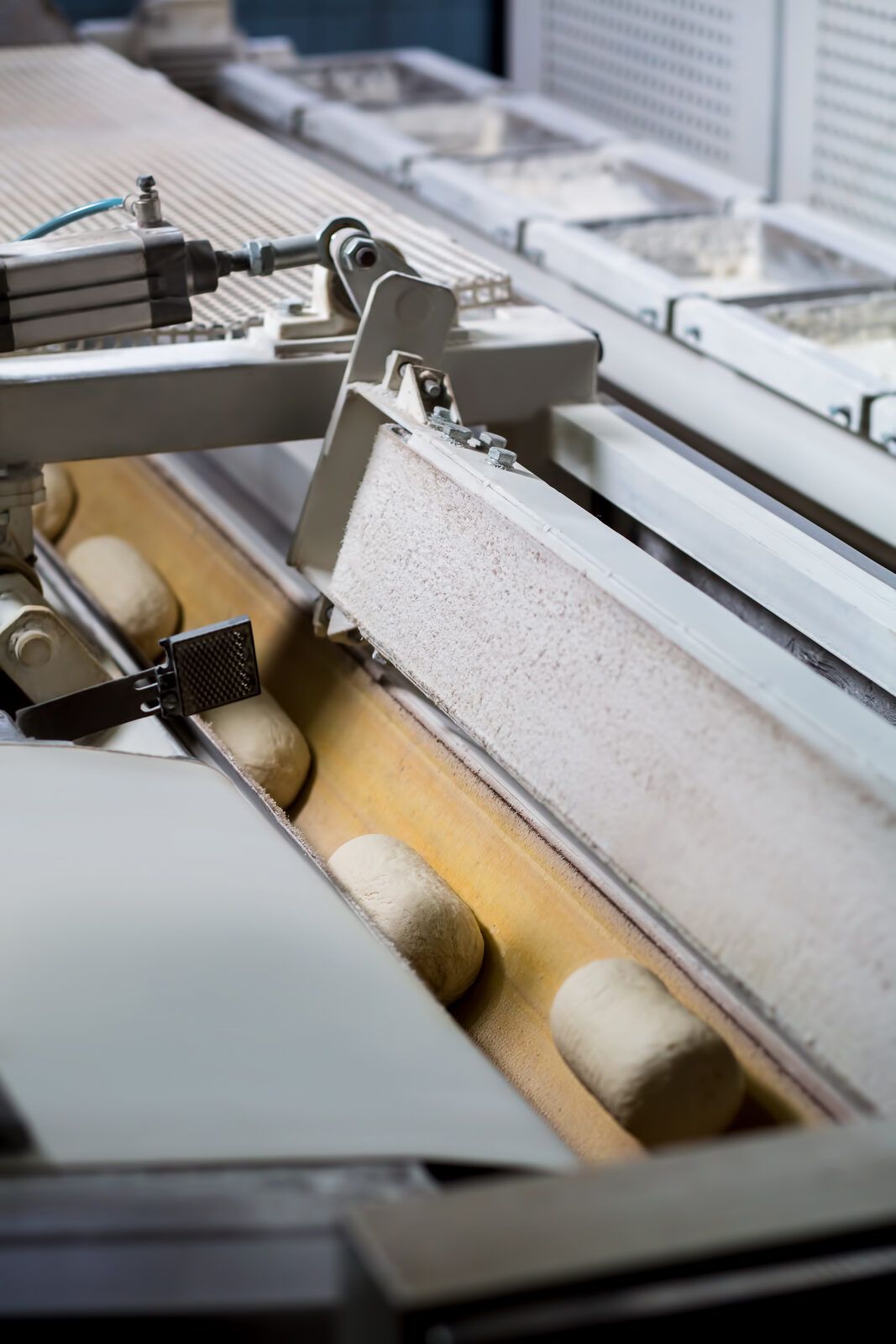 Piezas de masa avanzando por la cinta de una línea industrial de panadería y bollería
